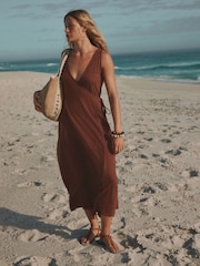 Brown Jersey Wrap Midi Dress - Image 1 of 7