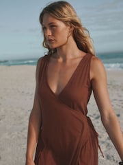 Brown Jersey Wrap Midi Dress - Image 2 of 7