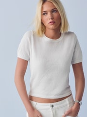 White Knitted Short Sleeve Towelling T-Shirt - Image 1 of 7
