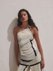 Monochrome Stripe One Shoulder Scarf Tie Top - Image 1 of 6
