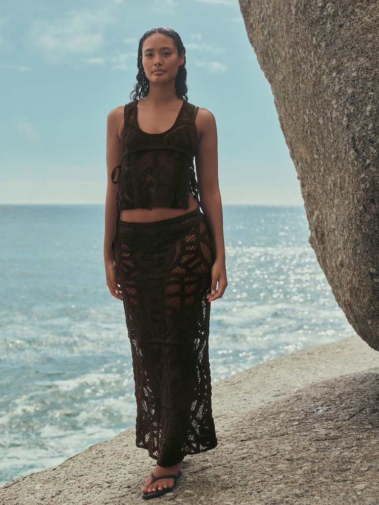 Chocolate Brown Crochet Midi Skirt - Image 2 of 3