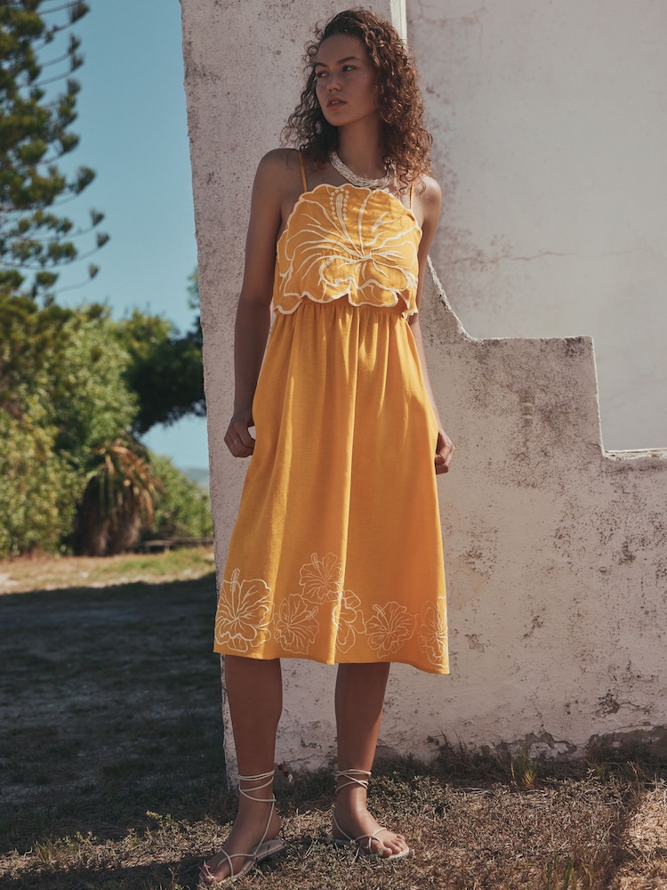 Ochre Yellow Midi Dress With Hibiscus Detailing - Image 1 of 3