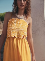 Ochre Yellow Midi Dress With Hibiscus Detailing - Image 2 of 3