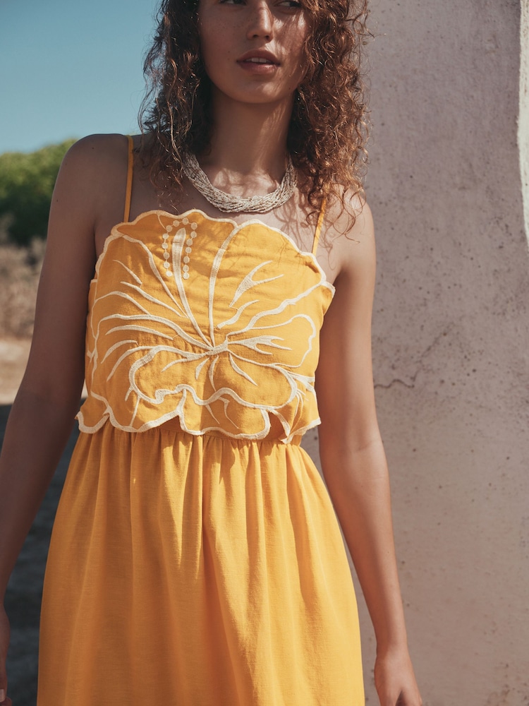 Ochre Yellow Midi Dress With Hibiscus Detailing - Image 2 of 3