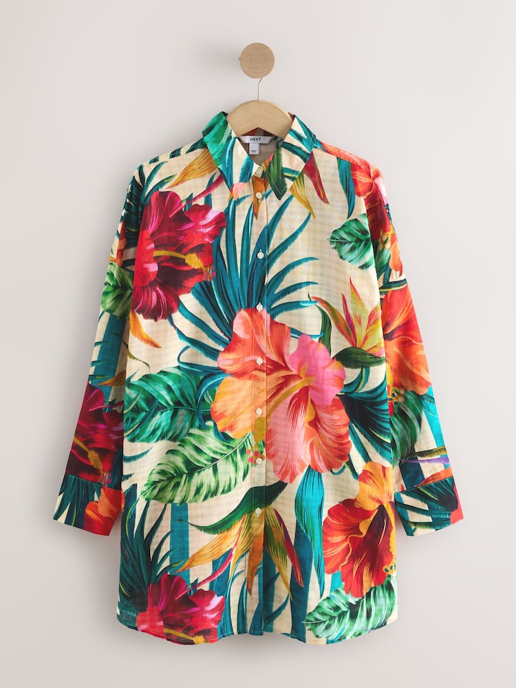 Red Tropical Beach Cover-Up Shirt - Image 1 of 3 Red Tropical Beach Cover-Up Shirt - Image 1 of 3