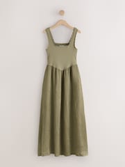 Khaki Green Jersey Woven Mix Midi Dress - Image 1 of 3