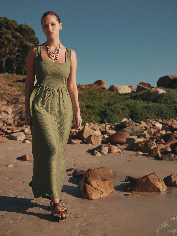 Khaki Green Jersey Woven Mix Midi Dress - Image 2 of 3