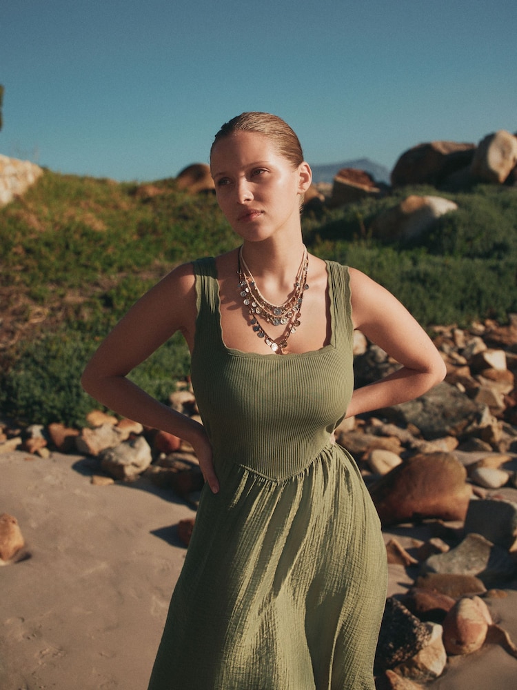 Khaki Green Jersey Woven Mix Midi Dress - Image 3 of 3