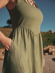 Khaki Green Jersey Woven Mix Midi Dress - Image 5 of 7