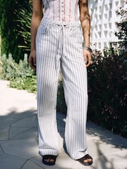 Ecru Striped Wide Leg Drawstring Waist Jeans - Image 2 of 9