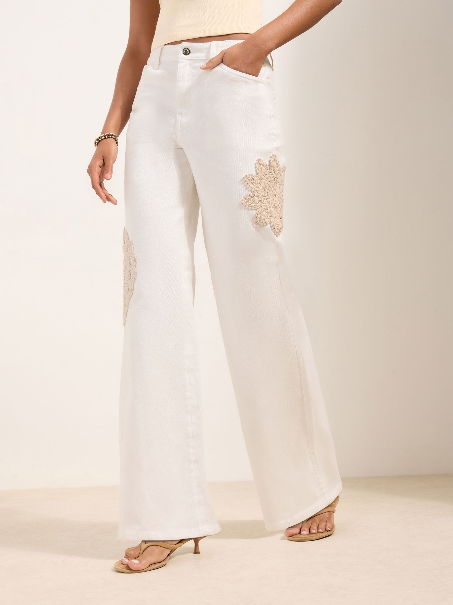 Buy Friends Like These Ecru Crochet Everyday Wide Leg Jeans from