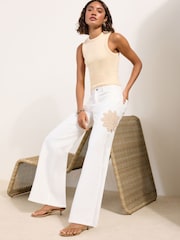 Friends Like These Ecru Crochet Everyday Wide Leg Jeans - Image 4 of 5