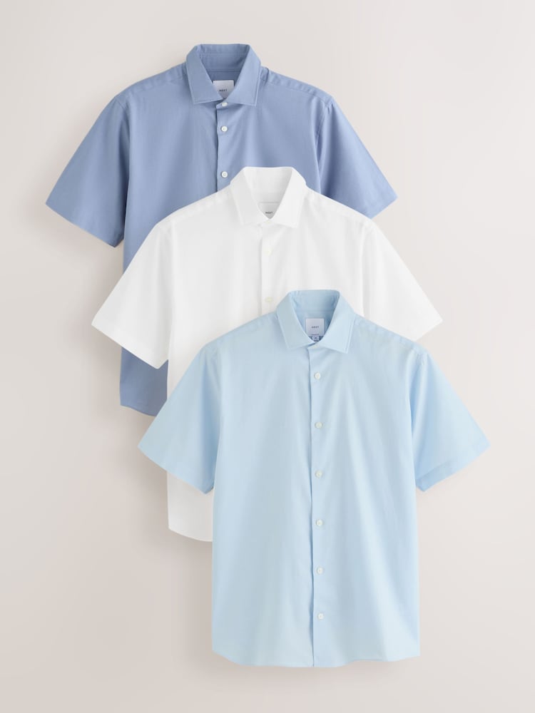 Blue/White Cotton Linen Blend Short Sleeve Smart Shirts 3 Pack - Image 1 of 6