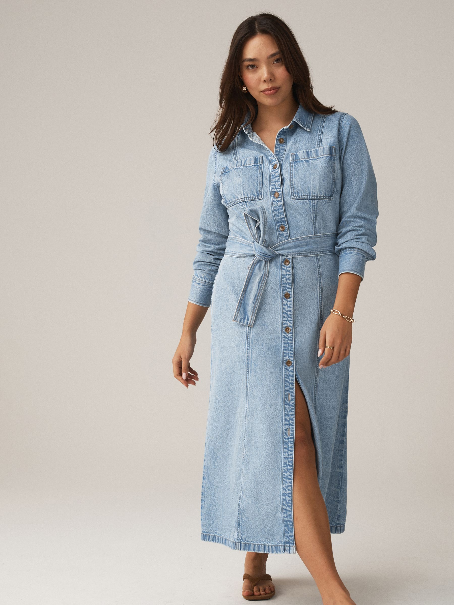 Buy Bleach Blue Fuller Bust Belted Midi Denim Shirt Dress from