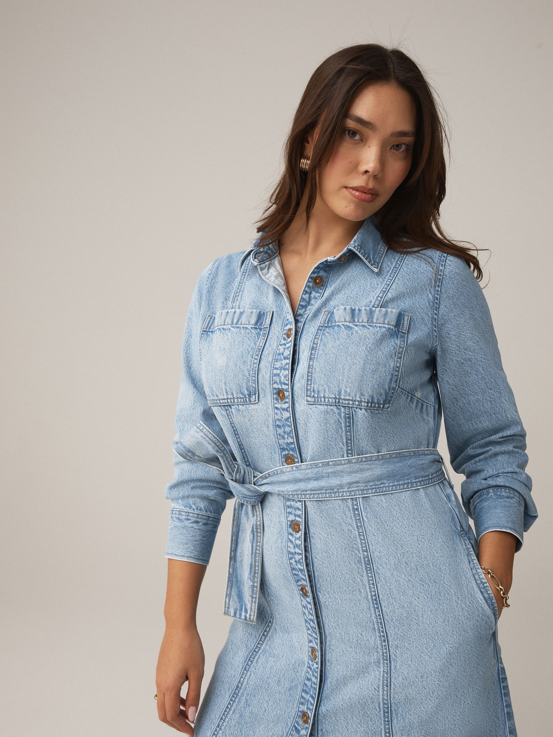 Buy Bleach Blue Fuller Bust Belted Midi Denim Shirt Dress from