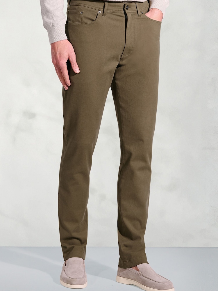 Brook Taverner Brown Tailored Fit 5 Pocket Italian Twill Stretch Cotton Trousers - Image 1 of 2 Brook Taverner Brown Tailored Fit 5 Pocket Italian Twill Stretch Cotton Trousers - Image 1 of 2