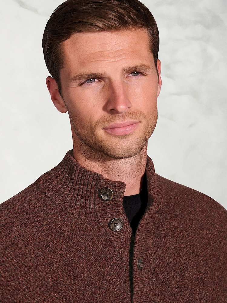 Brook Taverner Brown Textured Lambswool Button Neck Jumper - Image 2 of 3 Brook Taverner Brown Textured Lambswool Button Neck Jumper - Image 2 of 3