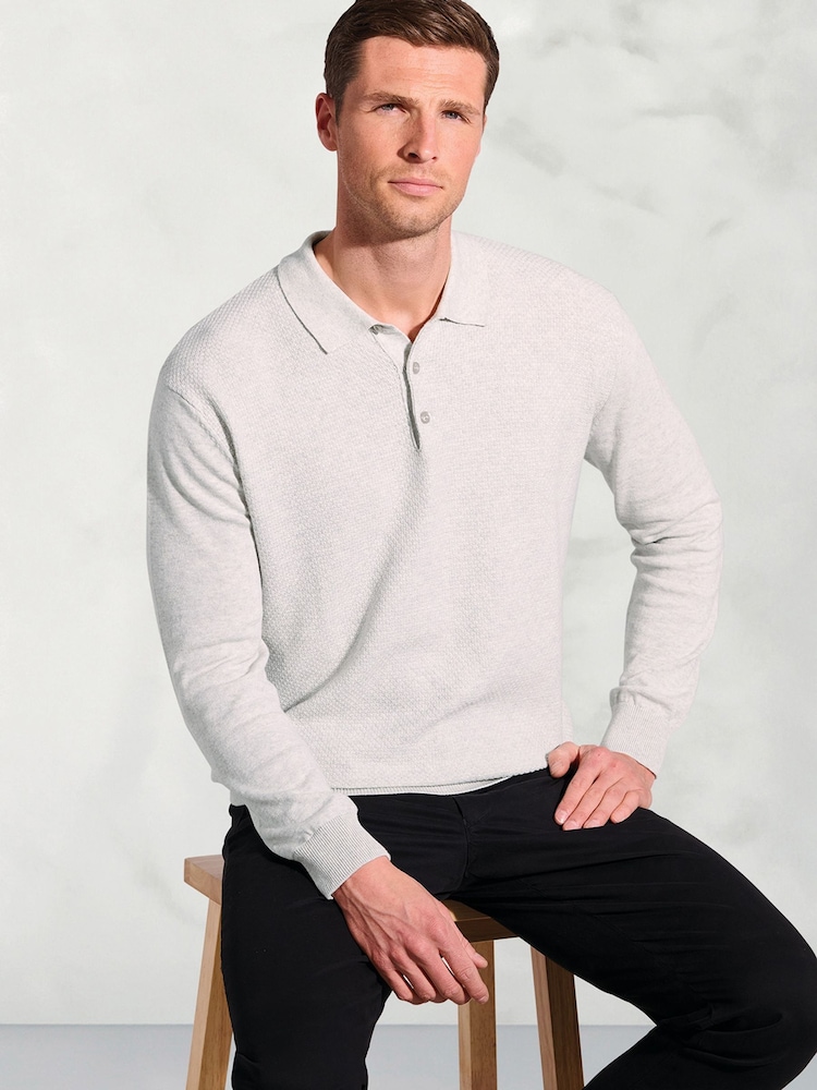 Brook Taverner Grey Textured Cotton Long Sleeve Polo Shirt - Image 1 of 3 Brook Taverner Grey Textured Cotton Long Sleeve Polo Shirt - Image 1 of 3