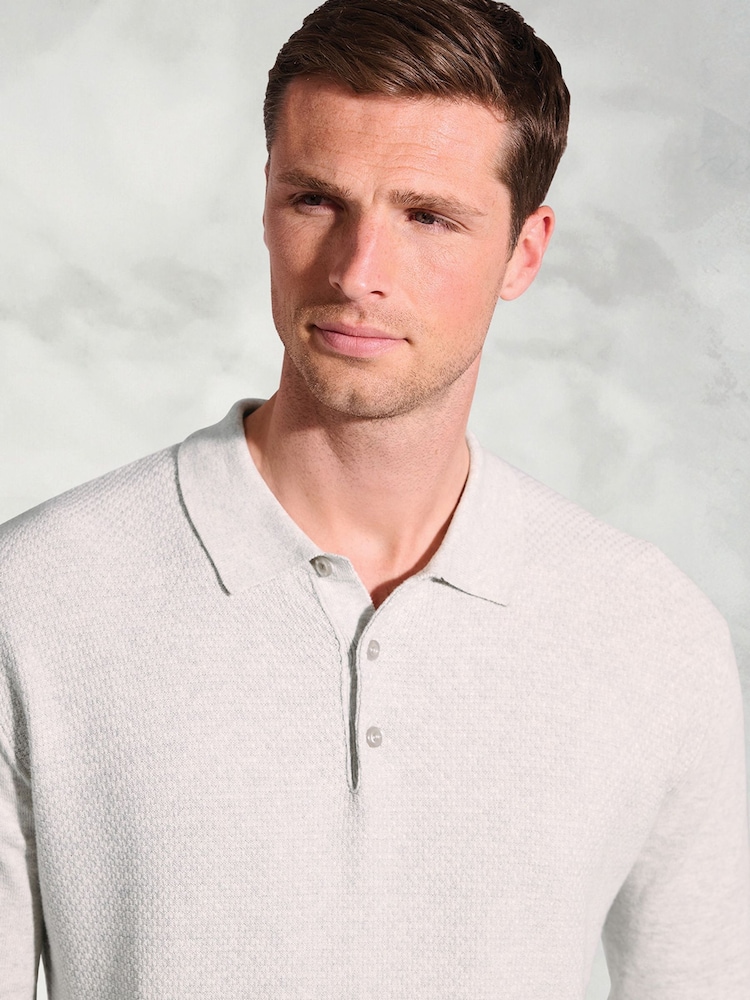 Brook Taverner Grey Textured Cotton Long Sleeve Polo Shirt - Image 3 of 3 Brook Taverner Grey Textured Cotton Long Sleeve Polo Shirt - Image 3 of 3