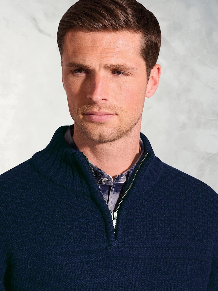 Brook Taverner Blue Textured Lambswool Zip Neck Jumper - Image 2 of 3 Brook Taverner Blue Textured Lambswool Zip Neck Jumper - Image 2 of 3