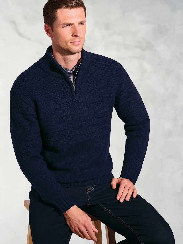 Brook Taverner Blue Textured Lambswool Zip Neck Jumper - Image 3 of 3 Brook Taverner Blue Textured Lambswool Zip Neck Jumper - Image 3 of 3