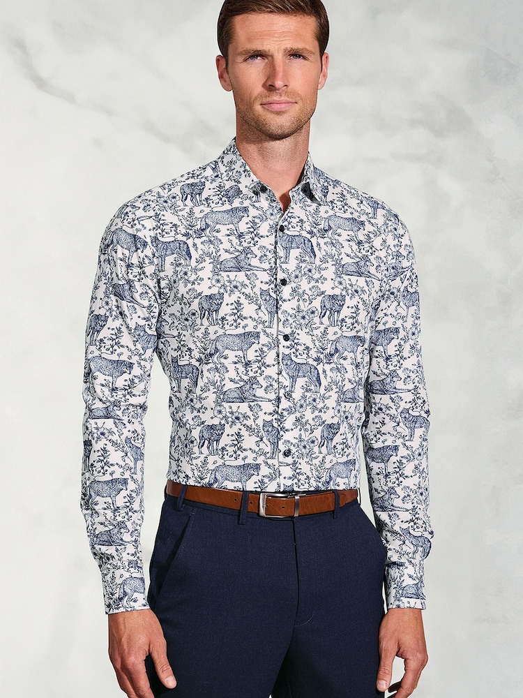 Brook Taverner Blue Wolf Print Cotton Shirt - Image 1 of 5 Brook Taverner Blue Wolf Print Cotton Shirt - Image 1 of 5