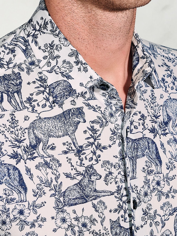 Brook Taverner Blue Wolf Print Cotton Shirt - Image 2 of 5 Brook Taverner Blue Wolf Print Cotton Shirt - Image 2 of 5
