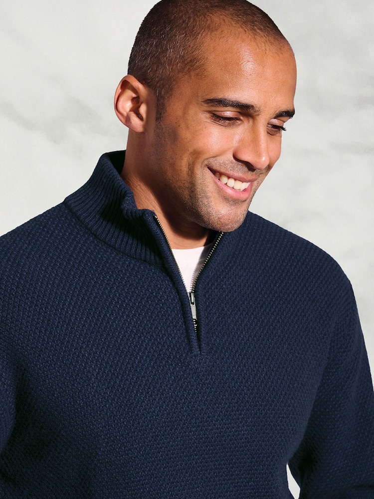 Brook Taverner Blue Textured Merino Wool Zip Neck Jumper - Image 2 of 3