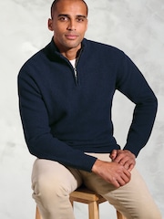 Brook Taverner Blue Textured Merino Wool Zip Neck Jumper - Image 3 of 3