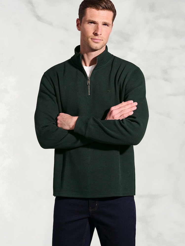 Brook Taverner Green Melange Cotton French Rib Zip Neck Jumper - Image 1 of 3 Brook Taverner Green Melange Cotton French Rib Zip Neck Jumper - Image 1 of 3