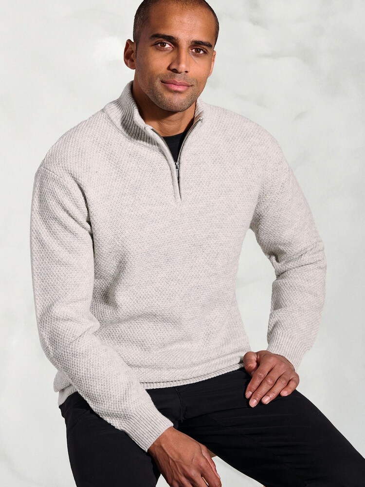 Brook Taverner Grey Textured Merino Wool Zip Neck Jumper - Image 3 of 3