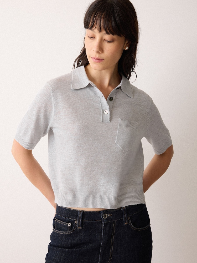 Jigsaw Grey Linen Cotton Polo Shirt - Image 1 of 5 Jigsaw Grey Linen Cotton Polo Shirt - Image 1 of 5