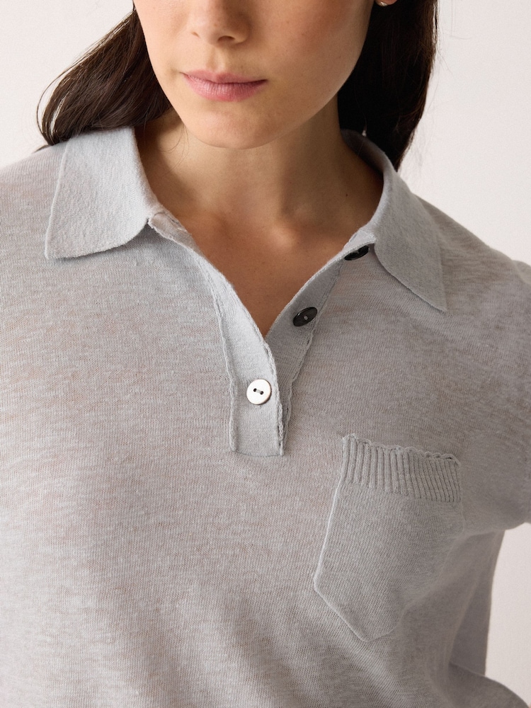 Jigsaw Grey Linen Cotton Polo Shirt - Image 2 of 5 Jigsaw Grey Linen Cotton Polo Shirt - Image 2 of 5