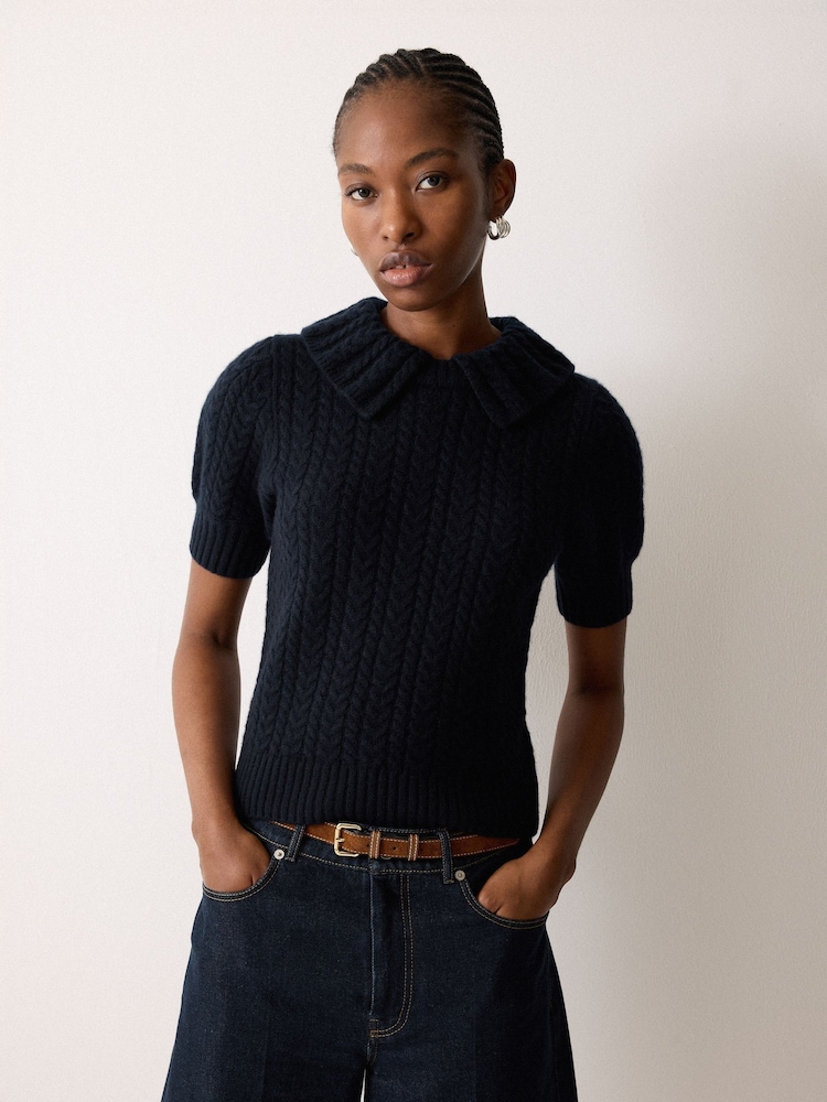 Jigsaw Blue Cable Knit Collar T-Shirt - Image 1 of 4 Jigsaw Blue Cable Knit Collar T-Shirt - Image 1 of 4