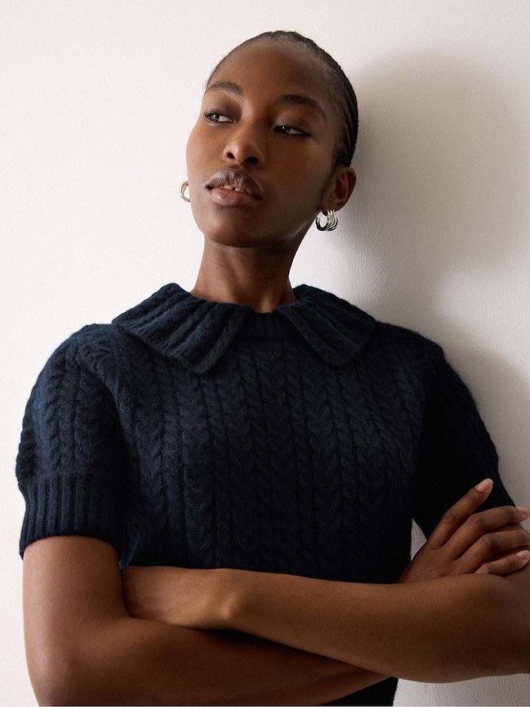 Jigsaw Blue Cable Knit Collar T-Shirt - Image 4 of 4 Jigsaw Blue Cable Knit Collar T-Shirt - Image 4 of 4