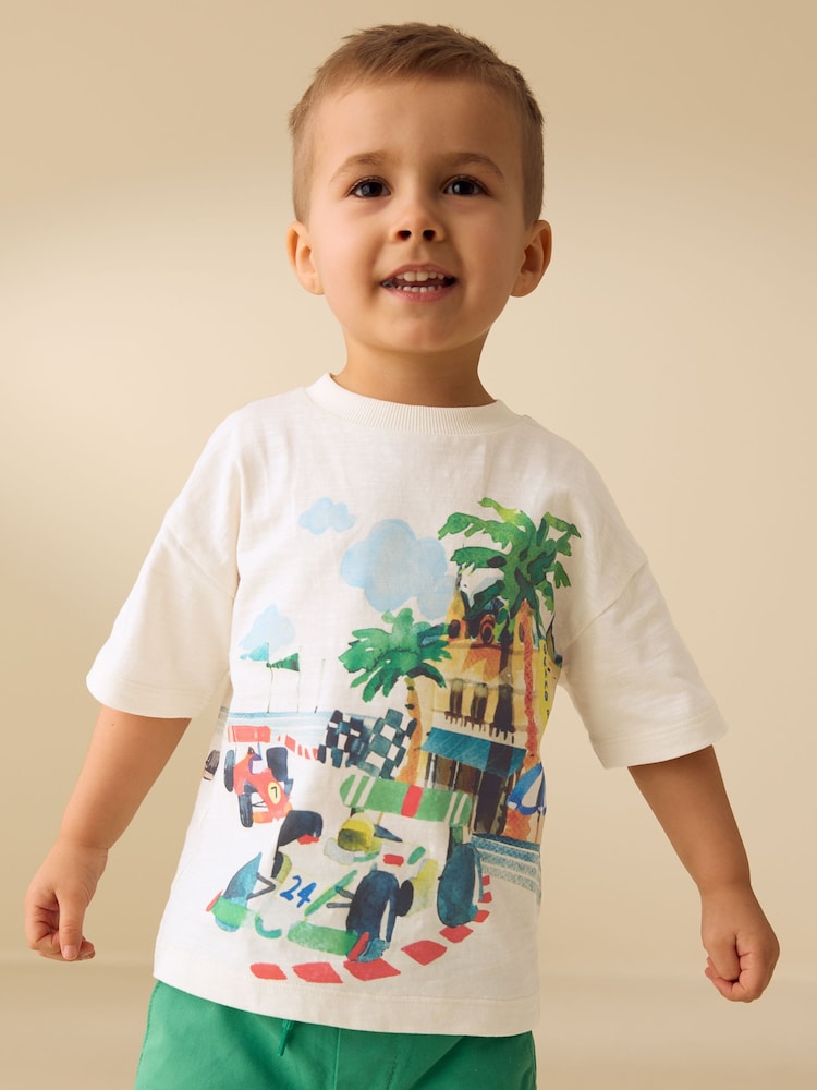 Cream Watercolour Race Car Scene Short Sleeve Back Print T-Shirt (3mths-7yrs) - Image 1 of 7