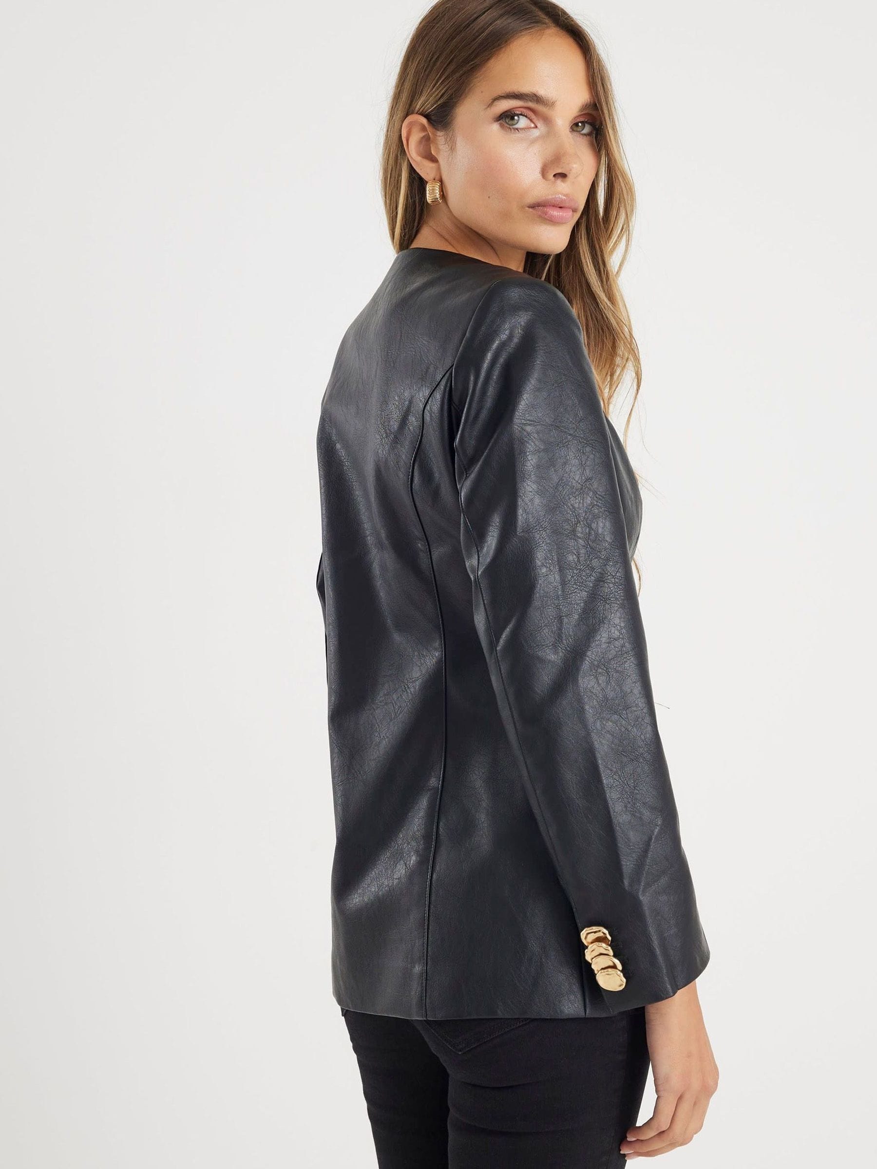 Buy River Island Black Faux Leather Collarless Jacket from Next USA