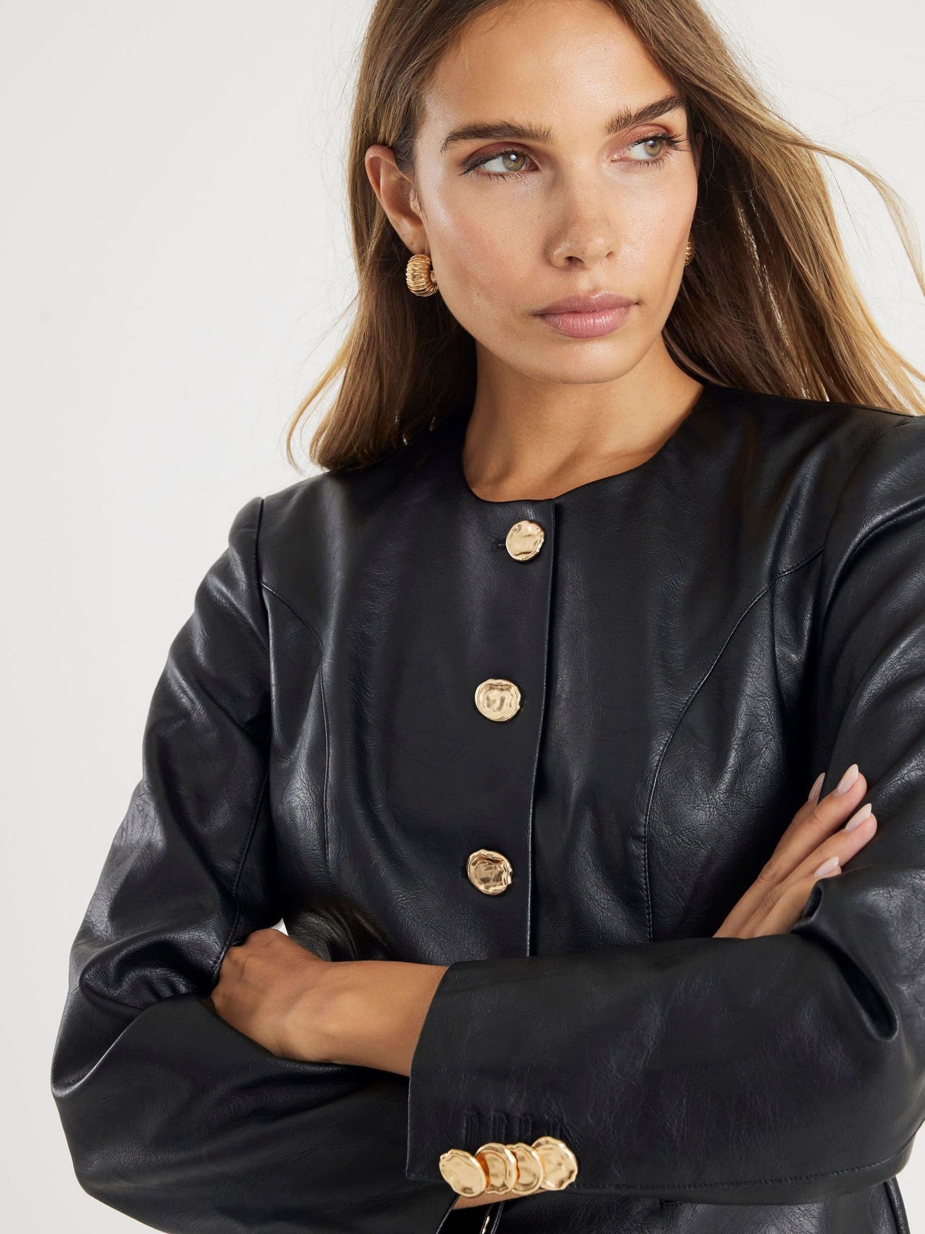 Buy River Island Black Faux Leather Collarless Jacket from Next USA