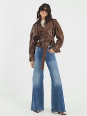 River Island Brown Woven Crop Belted Faux Leather Trench Coat - Image 1 of 4