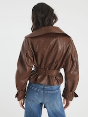 River Island Brown Woven Crop Belted Faux Leather Trench Coat - Image 2 of 4