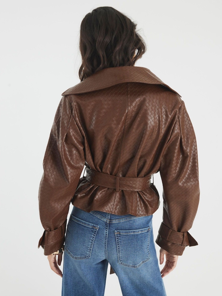River Island Brown Woven Crop Belted Faux Leather Trench Coat - Image 2 of 4 River Island Brown Woven Crop Belted Faux Leather Trench Coat - Image 2 of 4