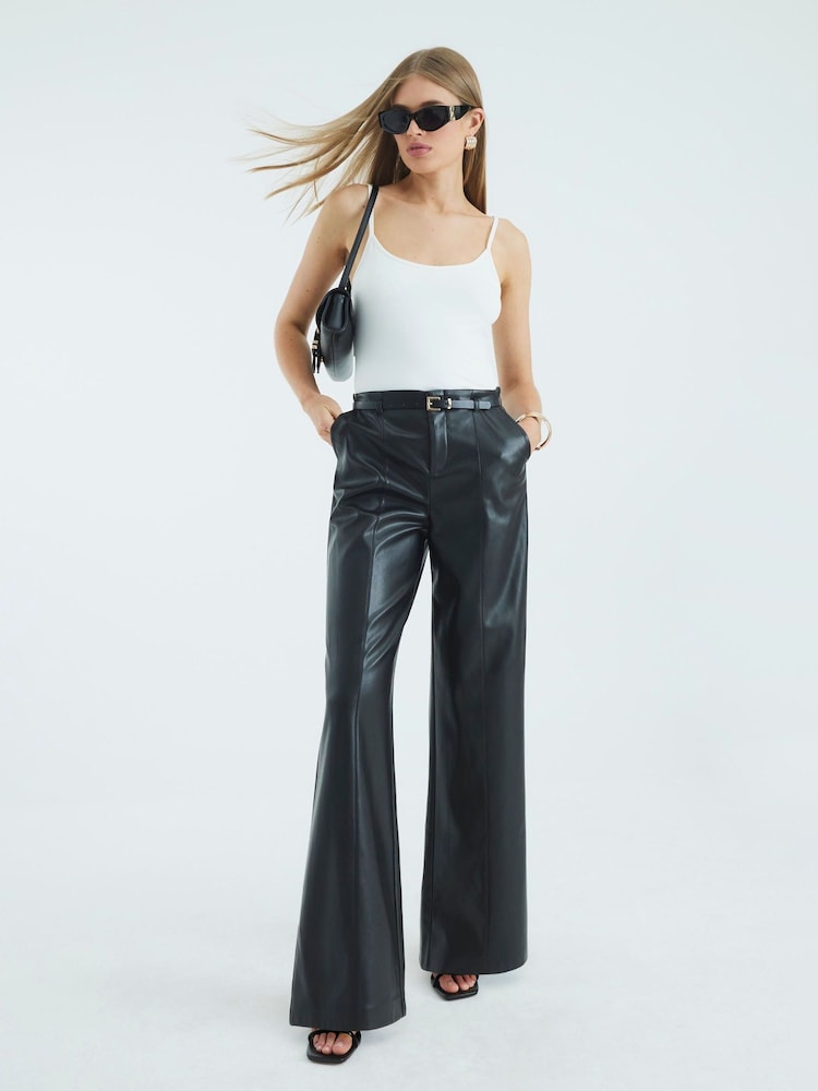River Island Black Faux Leather Belted Wide Leg Trousers - Image 1 of 4