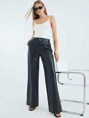 River Island Black Faux Leather Belted Wide Leg Trousers - Image 2 of 4