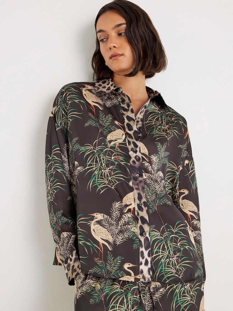 River Island Black Tropical Print Satin Pyjamas Set - Image 1 of 6