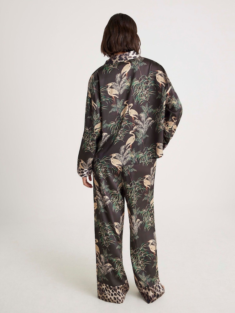 River Island Black Tropical Print Satin Pyjamas Set - Image 2 of 6