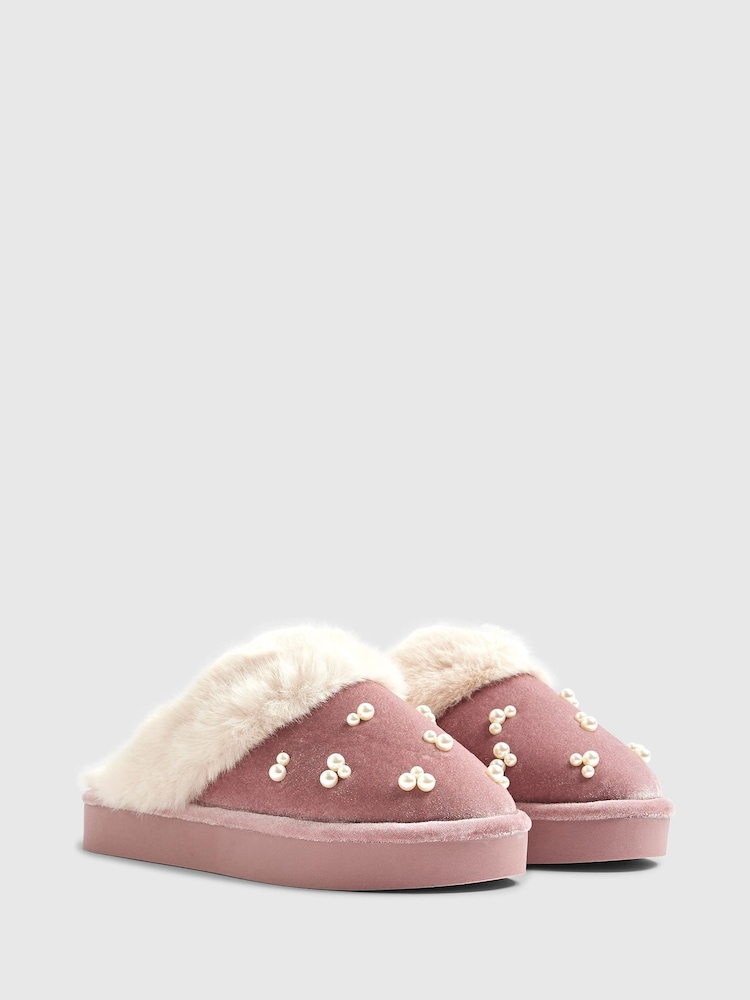 River Island Pink Velvet Fur Trim Mule Slippers - Image 2 of 5
