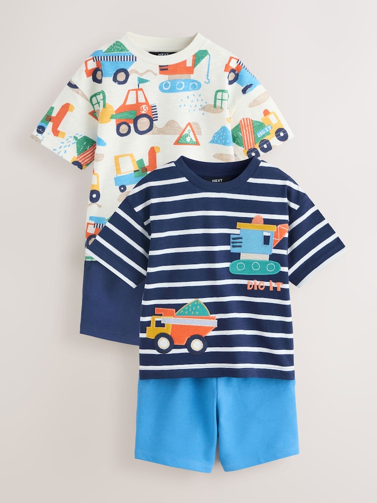 Blue/White Digger Short Sleeve T-Shirt and Shorts Set 2 Pack (3mths-7yrs) - Image 1 of 8