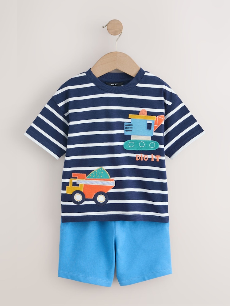 Blue/White Digger Short Sleeve T-Shirt and Shorts Set 2 Pack (3mths-7yrs) - Image 2 of 8