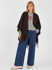 Accessorize Brown Fringe Trim Poncho - Image 1 of 4