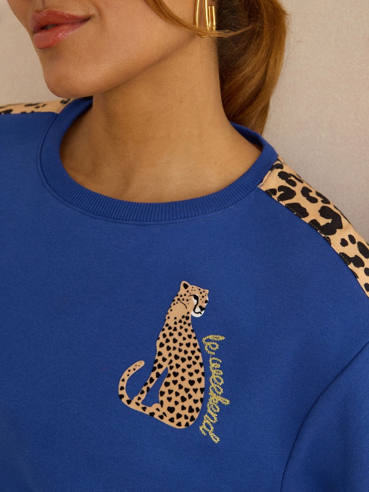 Love & Roses Cobalt Blue Flocked Leopard Side Stripe Jersey Sweatshirt - Image 4 of 4